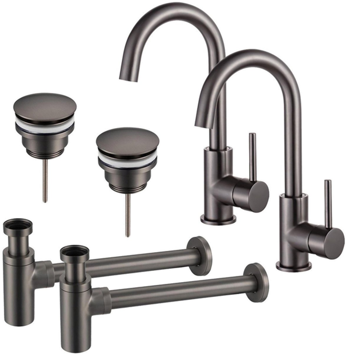 FugaFlow Eccelente Sobrado Badkamer Wastafelkraanset - voor dubbele wastafel - hoge wastafelkraan - draaibare uitloop - klikwaste plug - design sifon - PVD Gepolijst Gunmetal