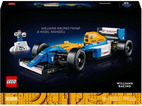 LEGO doos met een blauw, witte en gele Williams FW14B Formule 1 auto met "Canon", "Goodyear" en "Elf" logo's.