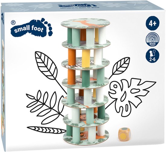 Boîte du jeu de la tour d'équilibre safari Small Foot, avec des images de la tour, des animaux et des éléments du jeu.