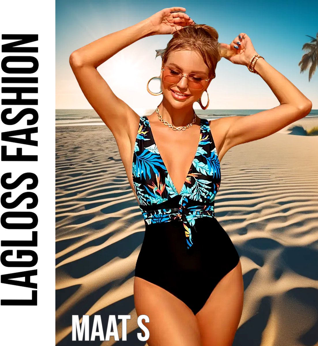 LaGloss ® Badpak Blauw Zwart – Tropische Print & Diepe V-Hals – Damesbadpak