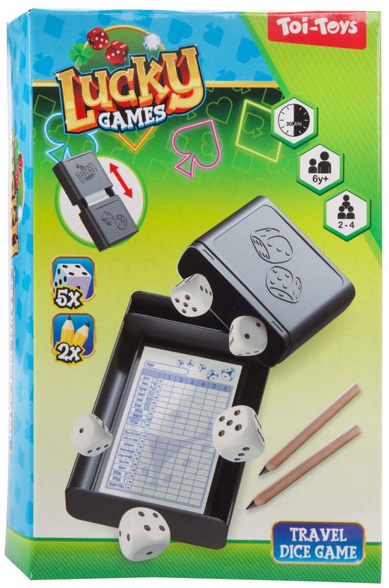 Verpakking van 'Lucky Games', een reis dobbelspel van Toi-Toys. Met dobbelstenen, scoreblok en potloden.