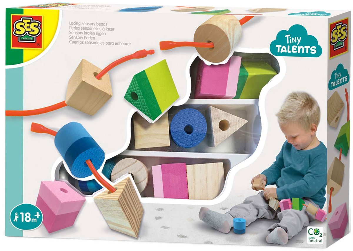 SES - Tiny Talents - Sensory kralen rijgen - Sensorisch speelgoed - Montessori speelgoed - meerdere soorten grove kralen - inclusief koppelsnoer Speelgoed 2 jaar