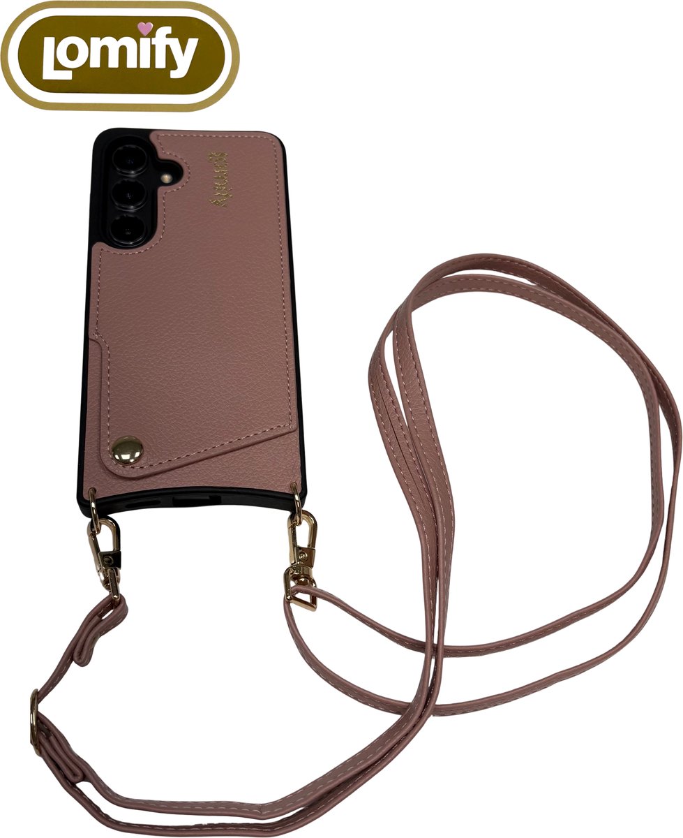 Lomify Corded Case geschikt voor de Samsung Galaxy S24 Plus met pasjeshouder voor 2-3 pasjes incl bijpassende strap, vegan leer Roze