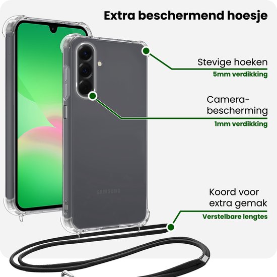 Hoesje Geschikt voor Samsung Galaxy A26 - Met Koord - Shock Proof - Siliconen Case - Back Cover - Telefoonkoord - Telefoon Hoes Shockproof - Telefoonketting - Transparant