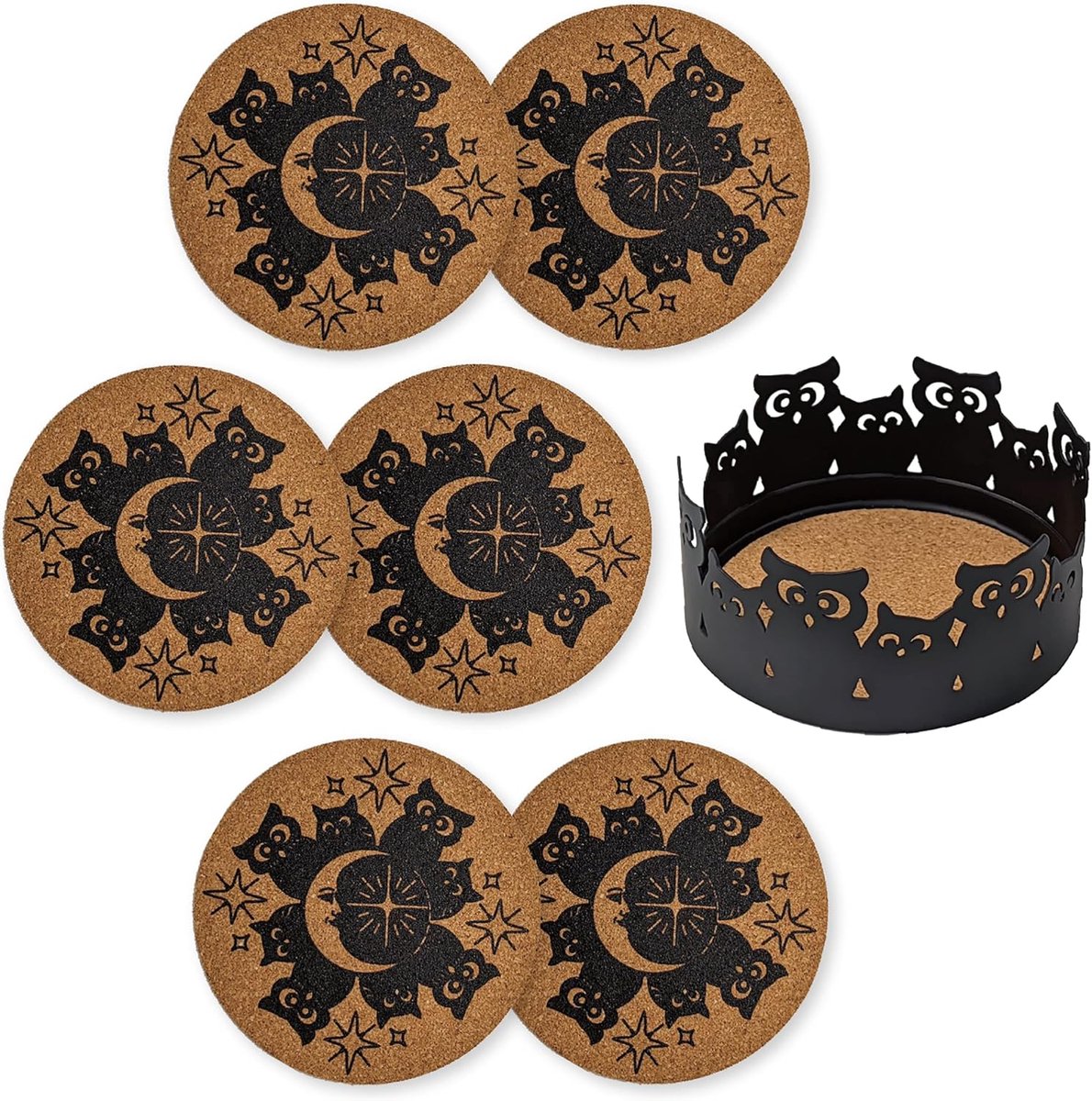 Set van zes uil onderzetters - stijlvolle bescherming - 6 stuks - zwart - met metalen houder