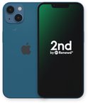 Blauw iPhone 13 mini, voorkant en achterkant, met '2nd by Renewd' logo op scherm.