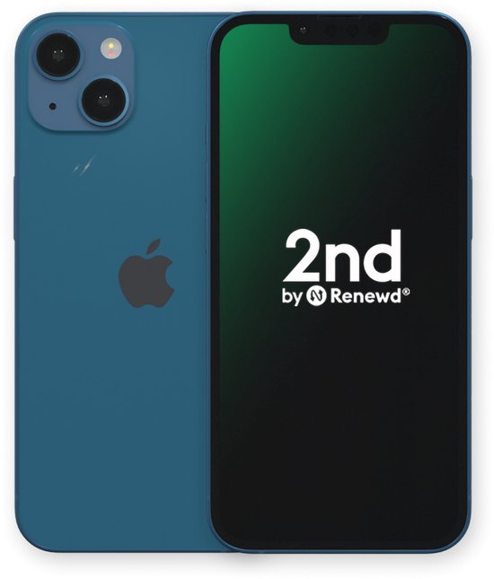 Blauw iPhone 13 mini, voorkant en achterkant, met '2nd by Renewd' logo op scherm.