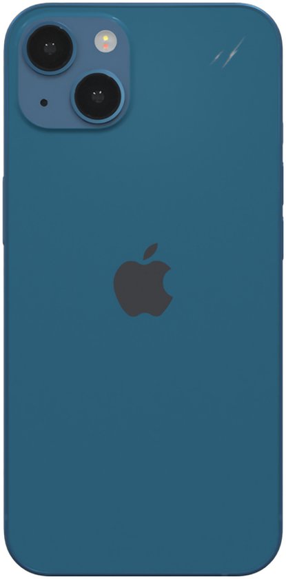 Blauw iPhone 13 mini met Apple logo op de achterkant.