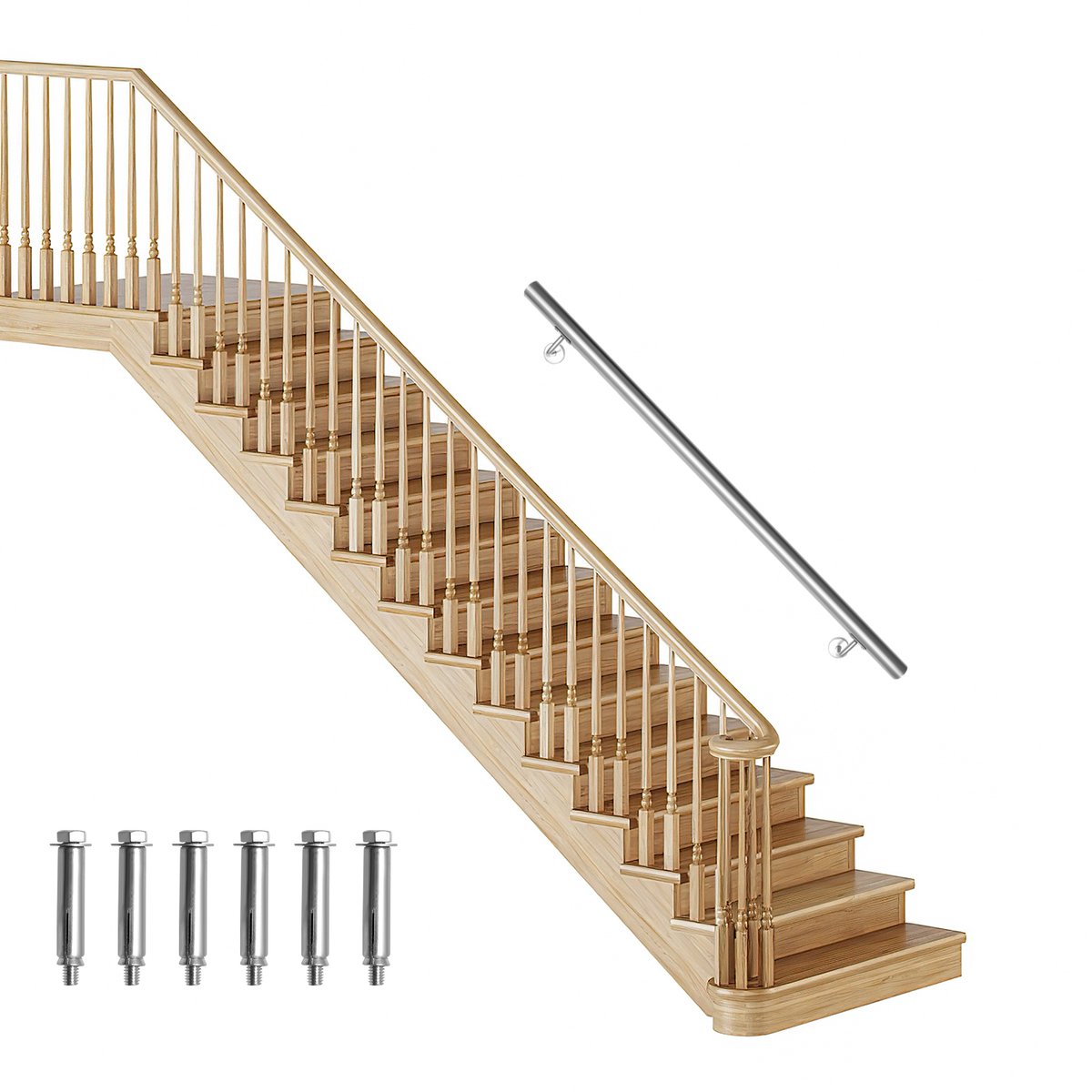 Trapleuning 110 cm Ø 42 mm Roestvrij staal leuning zilver reling wandleuning, voor wandtrap, voor binnen en buiten, inclusief wandhouder en eindkappen