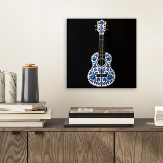 Aluminium schilderij 20x20 cm - Wanddecoratie metaal - Ukelele - Delfts - Blauw - Muziek - Metalen muurdecoratie woonkamer - Decoratie industrieel - Foto op dibond - Industriële accessoires slaapkamer