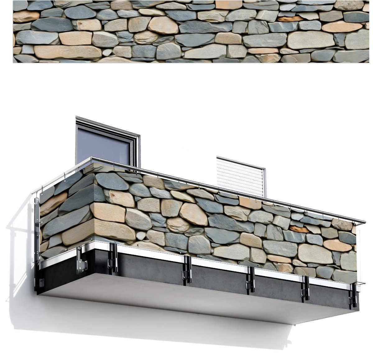 Balkonscherm 500x85 cm - Balkonposter Stenen - Rustiek - Grijs - Balkon scherm decoratie -