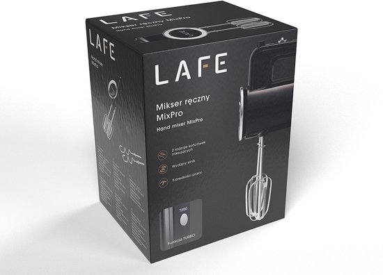 Verpakking van zwarte handmixer met afbeeldingen van de mixer en accessoires. Lafe MixPro.
