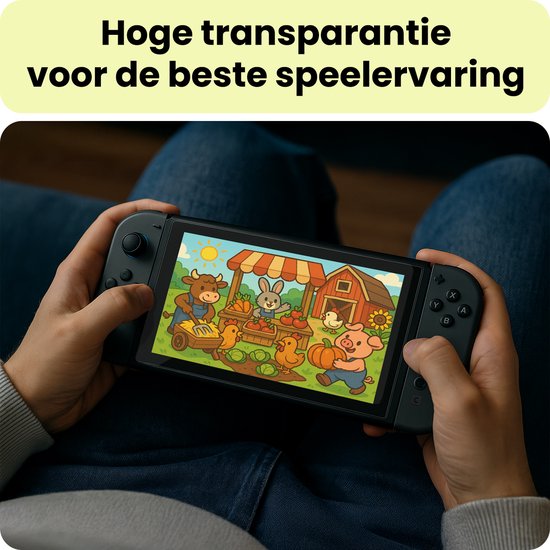 Een persoon die een Nintendo Switch 2 vasthoudt met een boerderijspel, genaamd 'Hoge transparantie voor de beste spelervaring'.