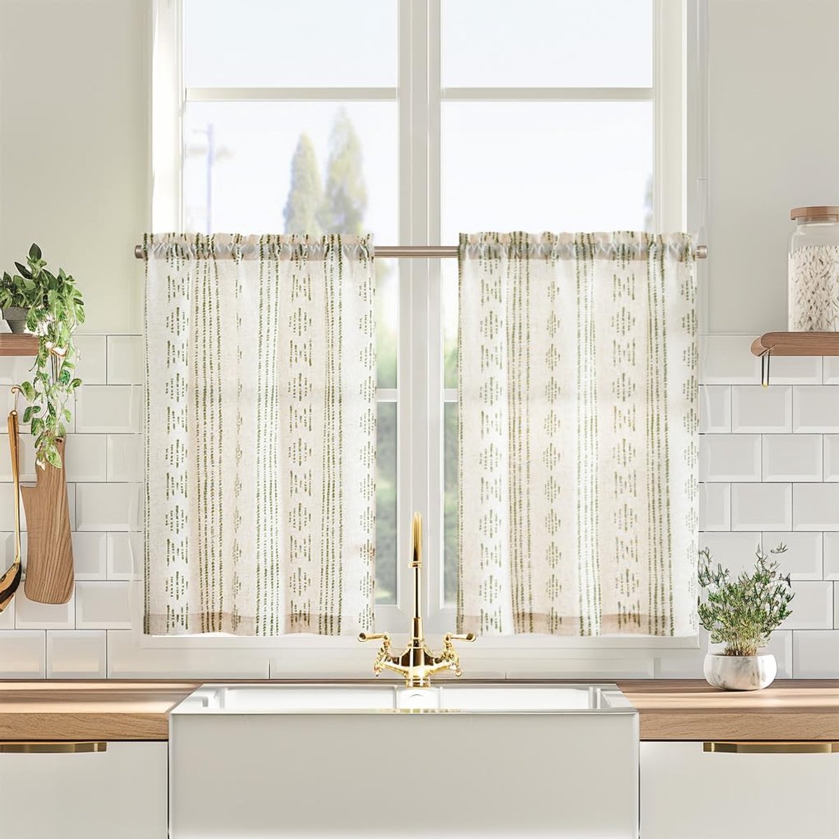 Unyqoos Charmante Geometrische Linnenlook Bistro Gordijnen voor Keuken en Eetkamer, Set van 2 Stuks, Groen op Beige