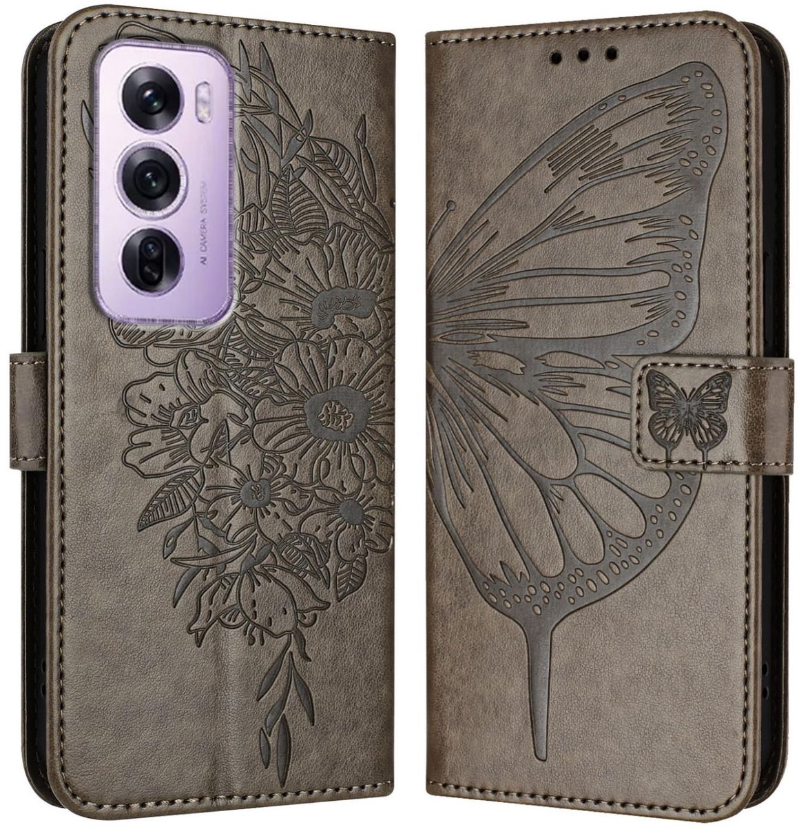 Mobigear Telefoonhoesje geschikt voor OPPO Reno 12 Pro Hoesje | Mobigear Butterfly Bookcase Portemonnee | Pasjeshouder voor 3 Pasjes | Telefoonhoesje voor Pinpas / OV Kaart / Rijbewijs - Grijs