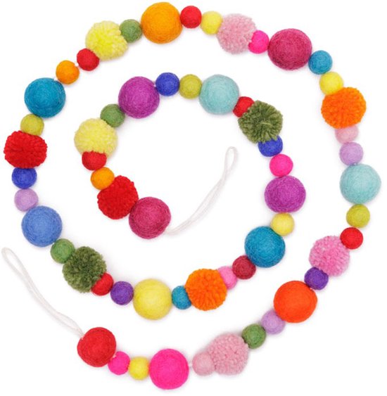 Viltslinger Wolvilt - Pompoms & Bolletjes Multicolor - Handmade&Fairtrade - Homedeco - 120cm
