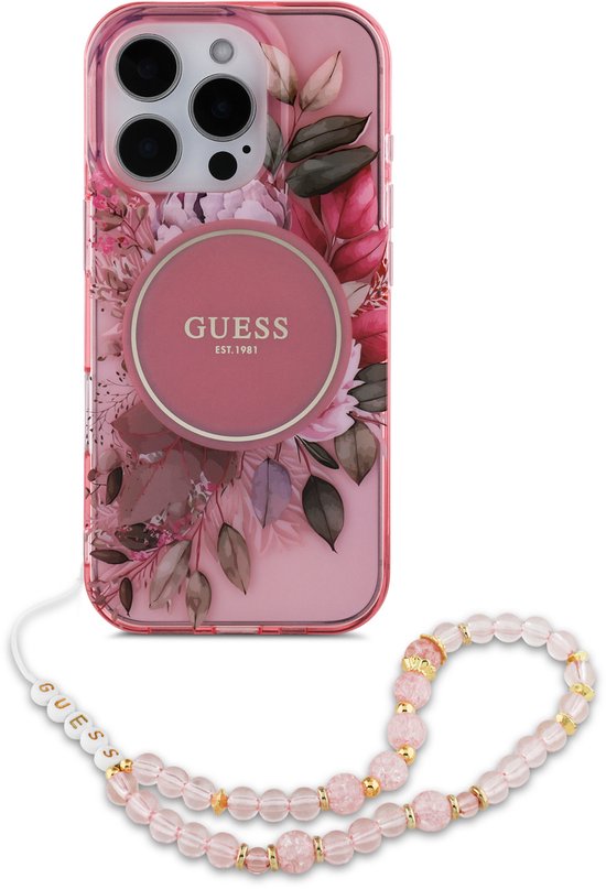 Guess geschikt voor MagSafe IML Flowers Case met beads strap geschikt voor iPhone 16 Pro Max - Pink