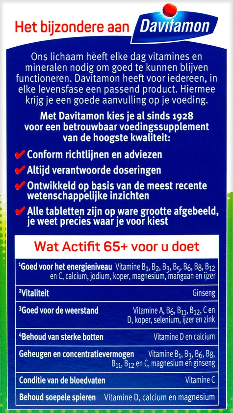 Achterkant van de Davitamon Actifit 65+ verpakking met productinformatie.