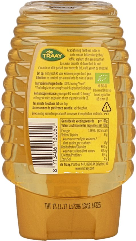 Achterkant van een gele fles honing met een geel label met productinformatie, een streepjescode en het ECO-logo.