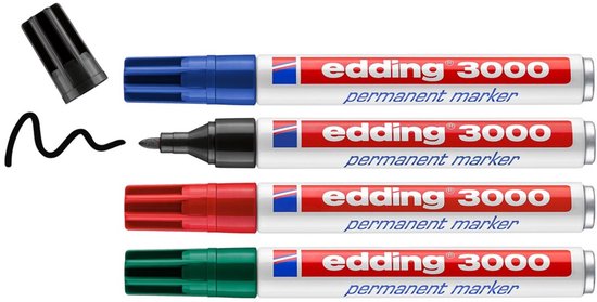 Foto: Edding 3000 permanent marker set met 4 kleuren zwart rood blauw groen ronde punt 1 5 3 mm voor vrijwel alle oppervlaktes geschikt navulbaar aluminium barrel