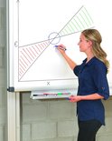 Vrouw tekent grafiek met blauwe stift op whiteboard. Rode en groene gebieden worden ingekleurd.