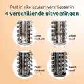 Vier uitvoeringen van het kruidenrek: zilver vierkant, zilver rond, zwart vierkant en zwart rond.