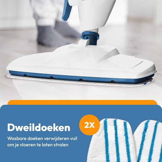 Detail van de stoomreiniger die de vloer reinigt, met blauwe accenten. Twee blauw-wit gestreepte dweildoeken worden getoond. "Dweildoeken" en "2X".