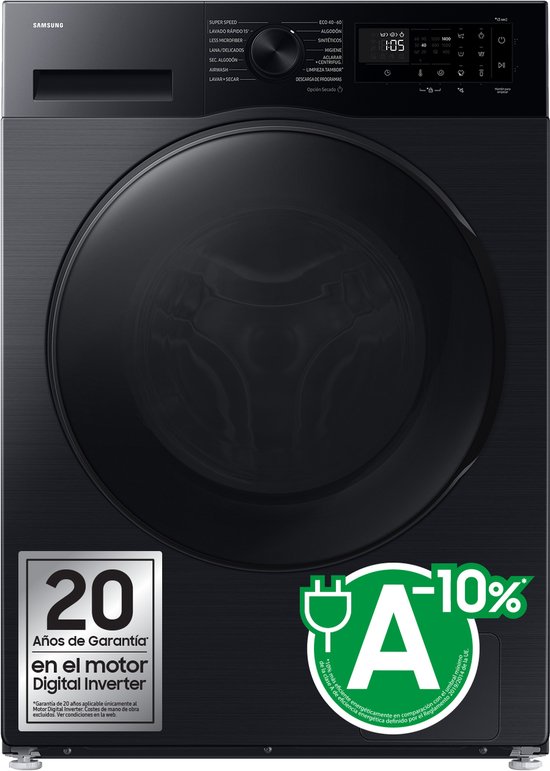 Samsung WD90DG5G34BB, Voorbelading, Vrijstaand, Zwart, Links, Zwart, LED