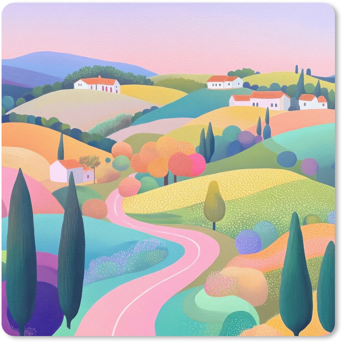 Muismat 30x30 cm - Mousepad Landschap - Paars - Pastel - Huizen - Muismatten