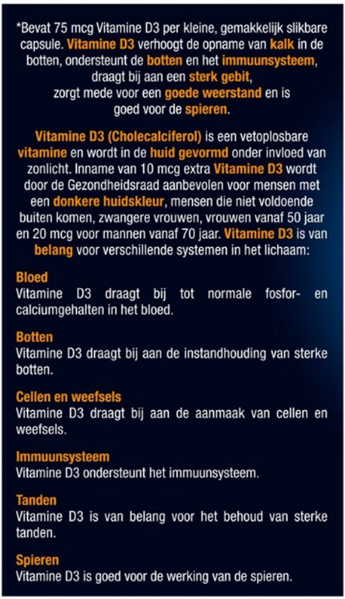 Tekst over de voordelen van vitamine D3 voor botten, tanden, spieren en immuunsysteem.
