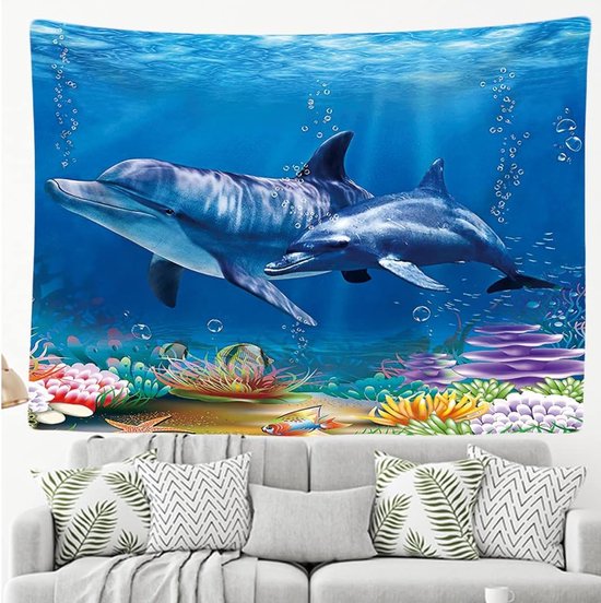 Ulticool - Dolphin Sea Coral Dolphins - Tapisserie - 200x150 cm - Groot tapisserie - Affiche