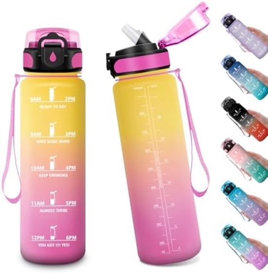 ST TRADING Sportwaterfles 1 Liter - Motiverende Drinkfles met Tijdmarkering, Lekdicht Ontwerp, Herbruikbaar voor Fitness, Camping en Fietsen - Geel