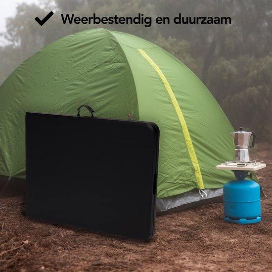 Zwarte tafel in geklapt formaat voor de camping, weerbestendig.