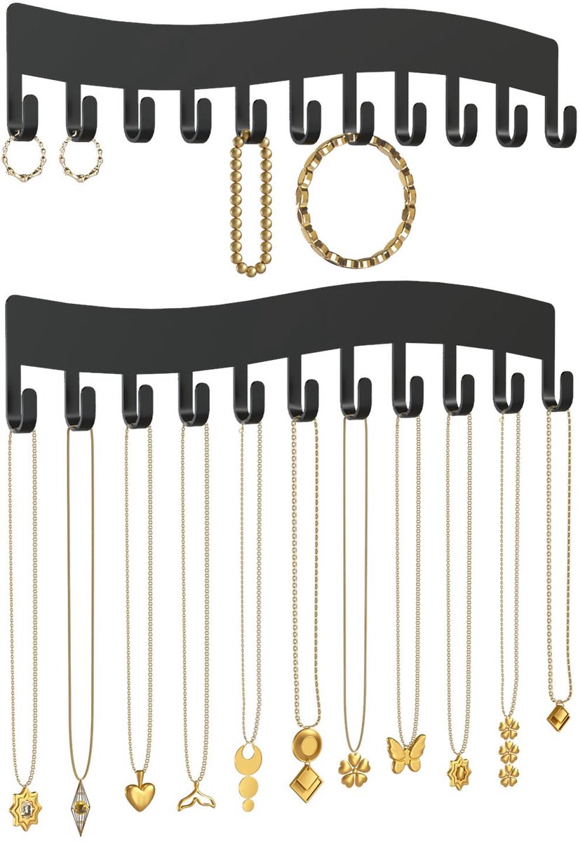 Ibenzoa® Robuuste Wandorganisatie voor Sieraden: Duurzame Opslag voor Kettingen, Armbanden en Oorbellen (2 Stuks Zwart)