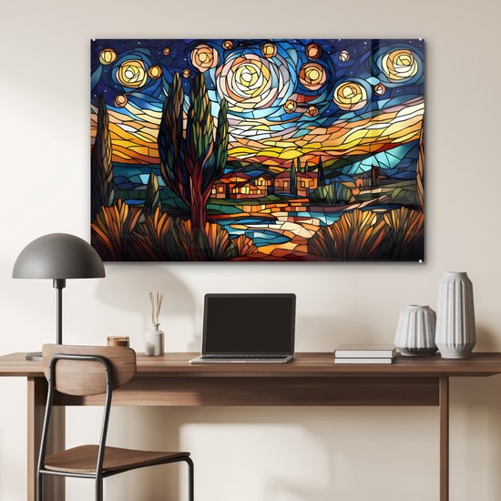 MuchoWow® Tableau sur verre 120x80 cm - Tableau sur verre acrylique - Ciel - Étoiles - Mosaïque - Maisons - Photo sur verre - Décoration murale salon - Décoration murale chambre - Peintures