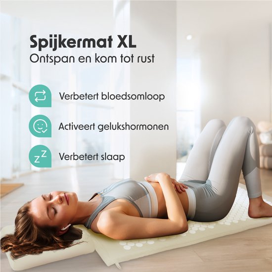 LifeGoods Acupressuur Mat XL - 128x48x2cm - Spijkermat met Kussen - Shakti mat - Spijkerbed Incl. 2x Triggerpoint Bal - Beige/Wit