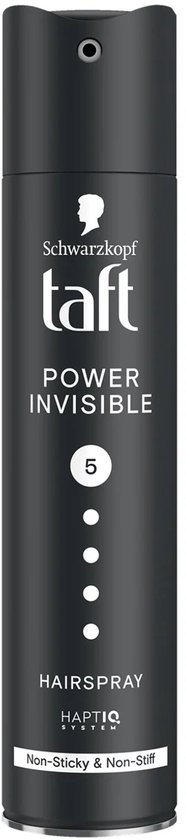 Zwarte spuitbus Taft Power Invisible haarspray met witte tekst. Niveau 5.