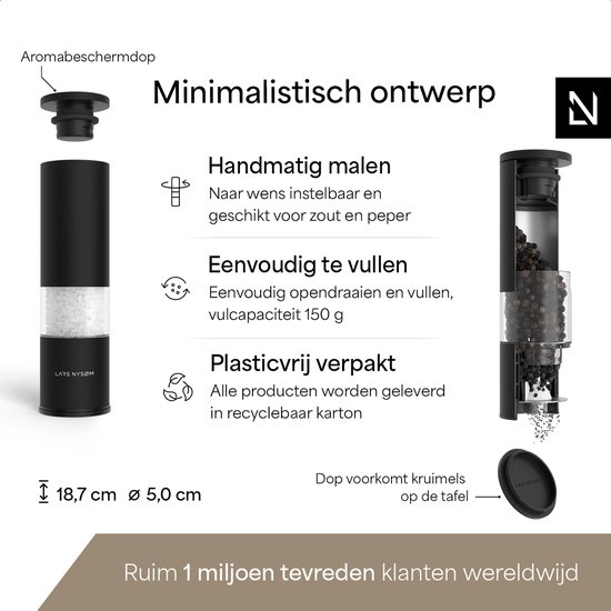 Zwarte molen met zoutkristallen, met dop en maalsel. Tekst: Minimalistisch ontwerp, handmatig malen, eenvoudig te vullen. Afmetingen: 18,7 cm hoog, 5,0 cm diameter.