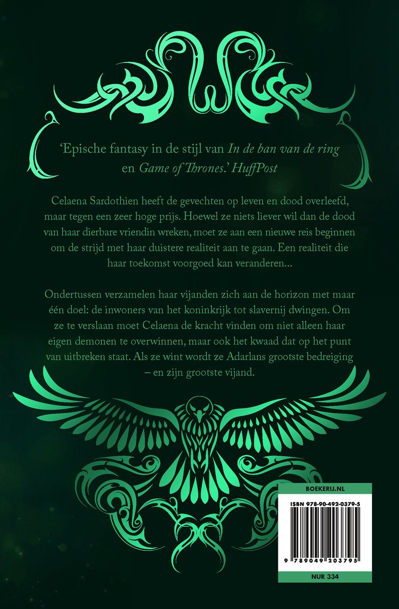 Boekomslag met groene sierlijke patronen en tekst 'Epische fantasy in de stijl van In de ban van de ring en Game of Thrones.'