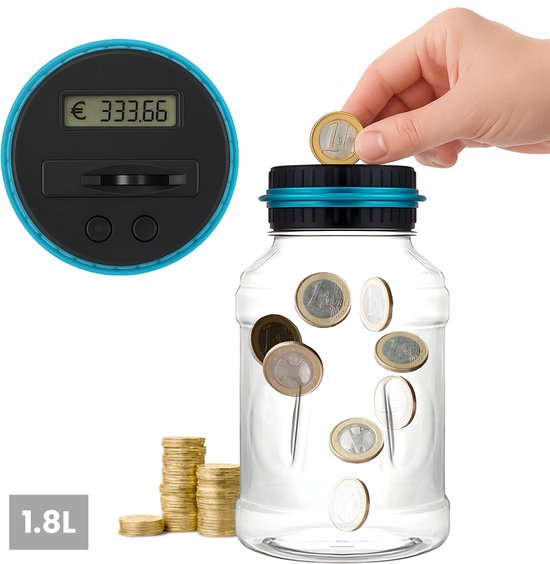 ZoeZo Design - Digitale Spaarpot met Muntenteller - 1,8L Transparant/Blauw - Geschikt voor Euro’s - Herbruikbare Spaar Pot – Bereik je Spaardoel – Origineel Cadeau - Spaarpotten - Sparen