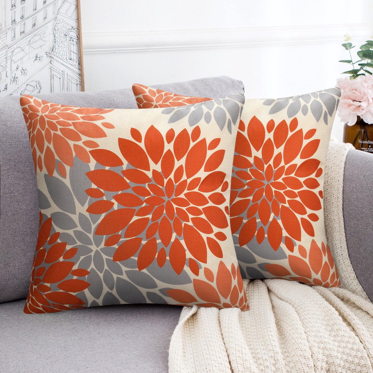 Ibenzoa Geometrische Linnen Kussenslopen, Dahlia Motief, Set van 2, 40x40 cm, Oranje & Grijs oranjegrijs