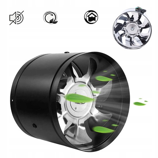 Ventilateur noir à pales métalliques brillantes, avec des feuilles vertes tourbillonnant, et des icônes pour silencieux, énergie et maison.