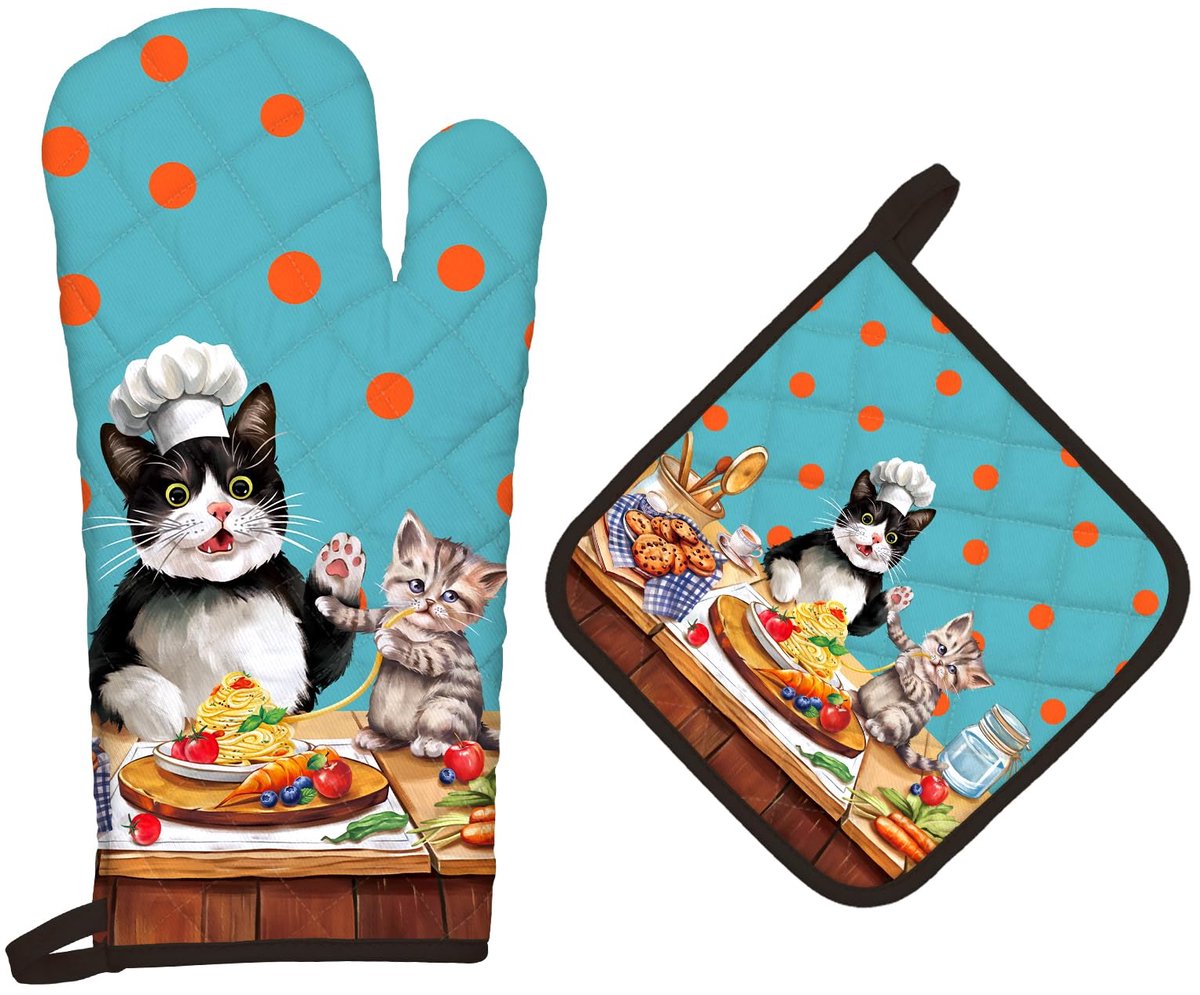 Unyqoos® Veiligheid en Stijlvolle Keukenbescherming: Set van Ovenwant en Pannenlap in Kattenontwerp