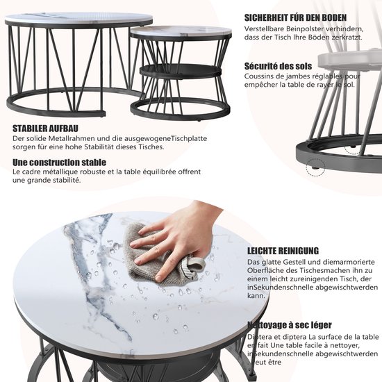 Set de 2 tables basses rondes 70/45 cm, plateau en V Étagère dorée + plateau blanc avec motif marbre, convient pour salon, salle de café, salon - Wit avec Zwart