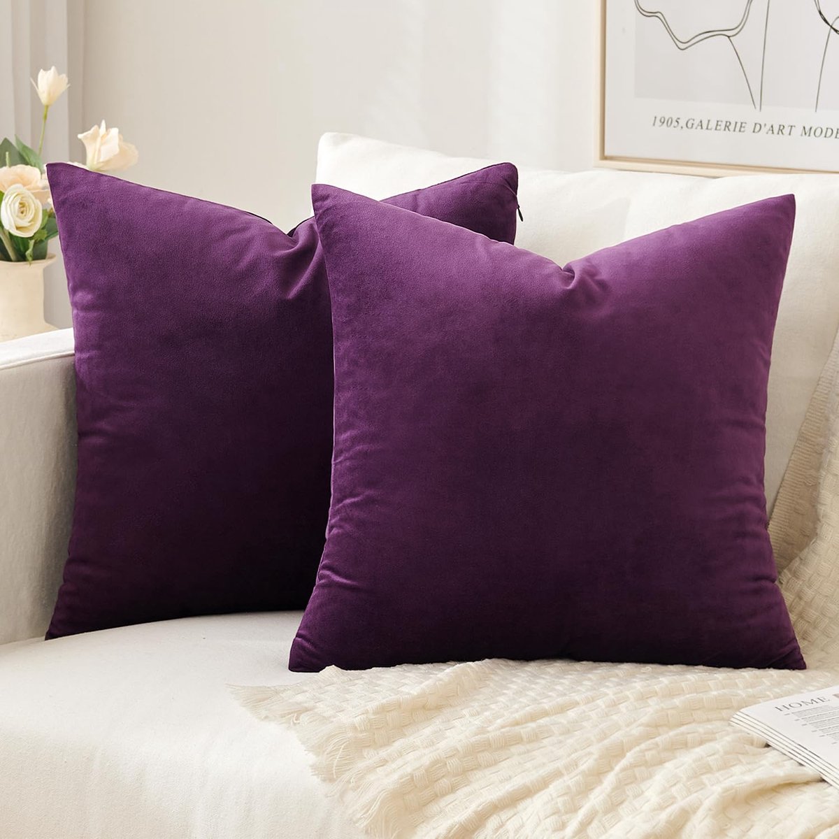 Ibenzoa Luxueuze Set van 2 Zachte Fluwelen Kussenhoezen voor Huisdecoratie in Paars, 50 x 50 cm