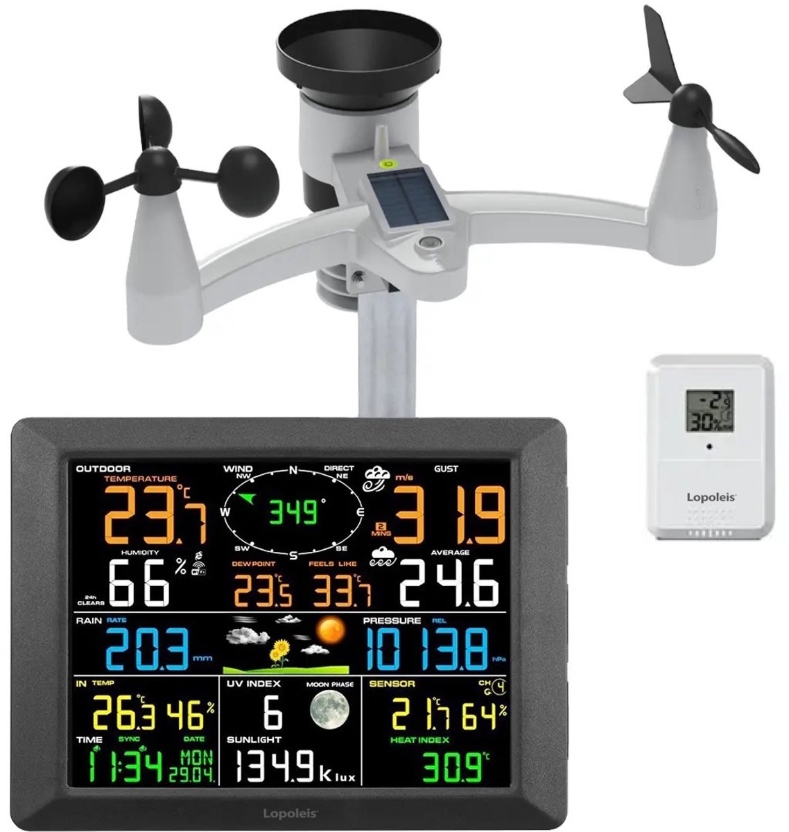Lopoleis® Professionele weerstation – Weerstation Draadloos met Wifi – 14-in-1 Kleurendisplay 8.2 inch – Binnen & Buiten Sensor – Luchtdruk, Comfort & Hitte-index – Incl 1 Thermo-Hygrometer Sensor, Wit