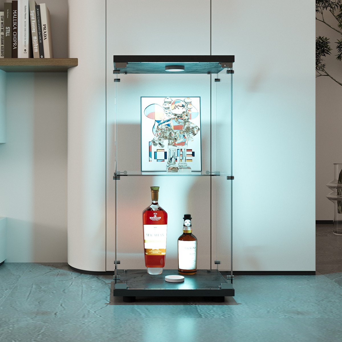 Vitrinekast in glas met LED, Moderne vitrinekast met 2 planken in ESG glas, Collectie Vitrinekast voor Bar, Woonkamer, 86,5 x 40 x 36,5 cm, Zwart