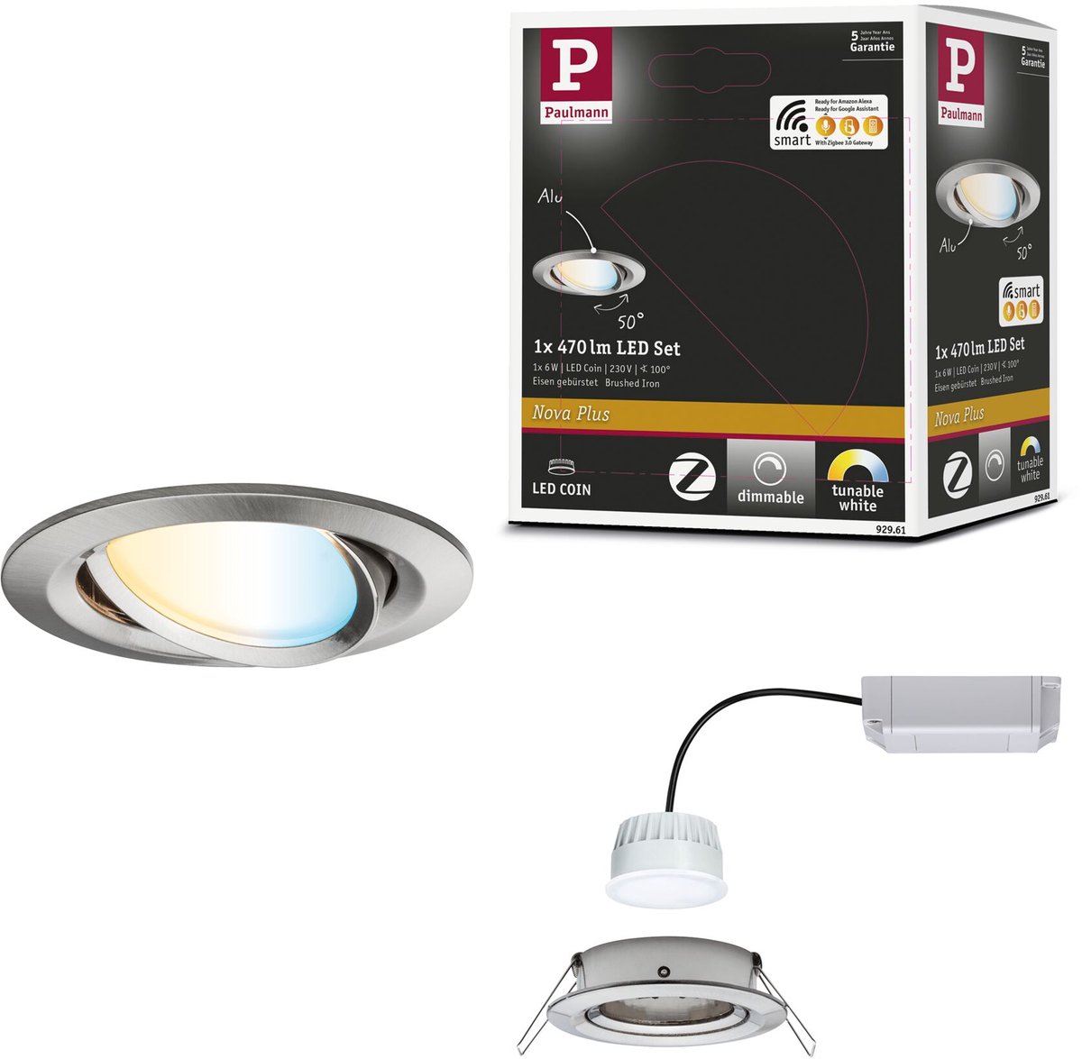 LED-inbouwlamp Smart Home Zigbee 3.0 Nova Plus Coin zwenkbaar rond 84 mm 50° Coin 6W 470lm 230V dimbaar Tunable White Staal geborsteld