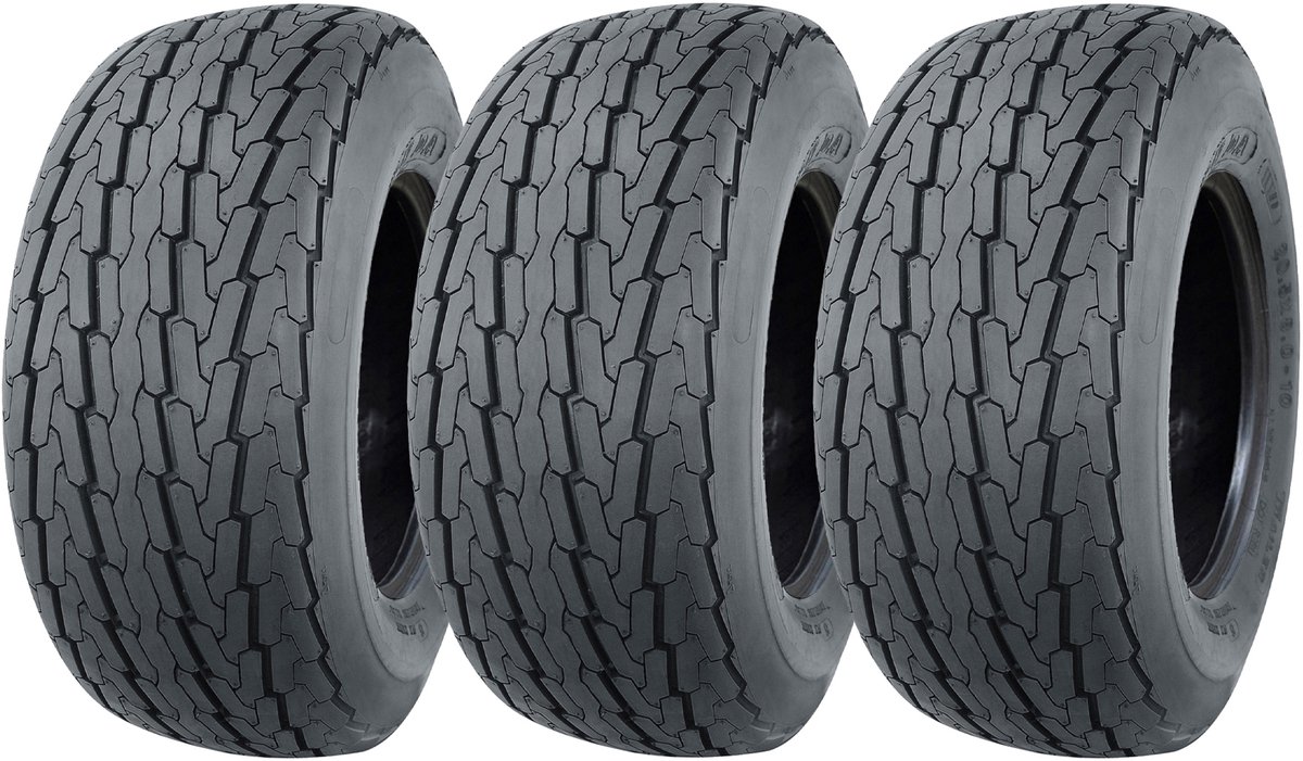 20.5x8.00-10 Aanhangwagenbanden, 4-laags, goedgekeurd voor de openbare weg, 77M, draagvermogen 412 kg, 205/65-10 (set van 3)