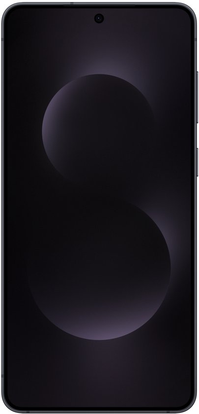 Zwarte Samsung telefoon met een S-vormige wallpaper op het scherm.